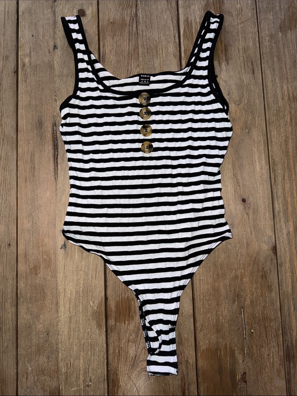 Striped Black & White Women’s Body Suit with Decorative Buttons